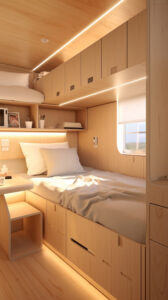 This image shows a compact and modern bedroom design, optimized for small spaces. The room features light wood tones throughout, including built-in storage cabinets above the bed, under-bed drawers, and shelving for organization. A cozy single bed is positioned along the wall, with soft lighting installed along the ceiling and under the shelves, creating a warm and inviting atmosphere. A small desk area is integrated next to the bed for functionality. A window on the right brings in natural light, further brightening the space.