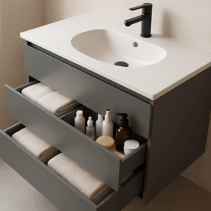 bathroom vanity with drawers slightly open showing neatly folded towels and organised toiletries, modern matte finish, soft natural lighting