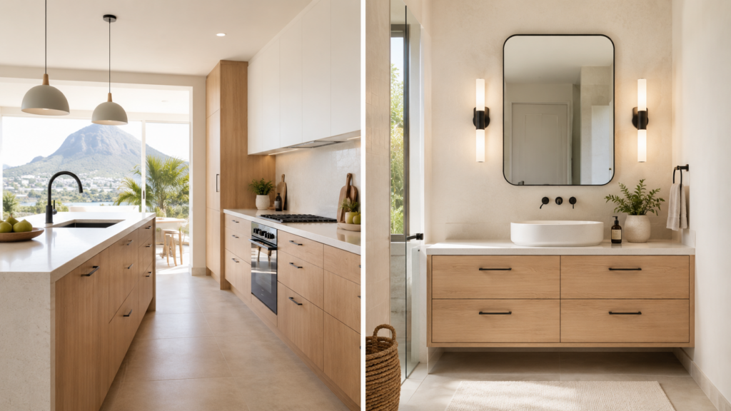 Modern Cape Town kitchen renovation with matching light wood bathroom vanity, stone countertops and black hardware for a cohesive home design