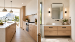 Modern Cape Town kitchen renovation with matching light wood bathroom vanity, stone countertops and black hardware for a cohesive home design