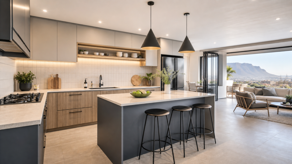Kitchen renovation Cape Town showing a modern open-plan custom kitchen layout with island, built-in cupboards and natural light